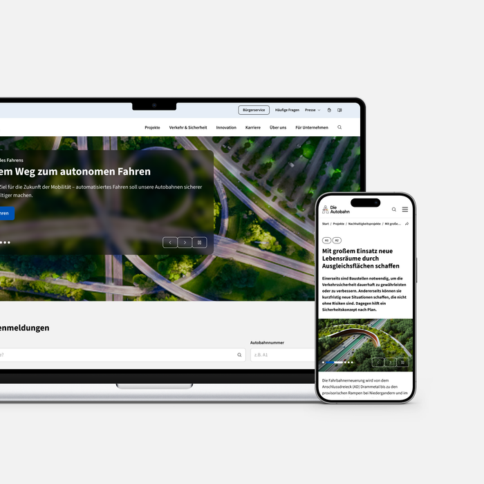 Die Homepage der Autobahn GmbH des Bundes auf Laptop und Smartphone